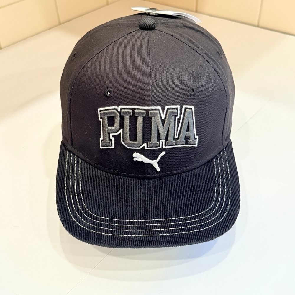 PUMA Snapback Hat Corduroy Brim OSFA Adjustable Black Embroidered Logo New